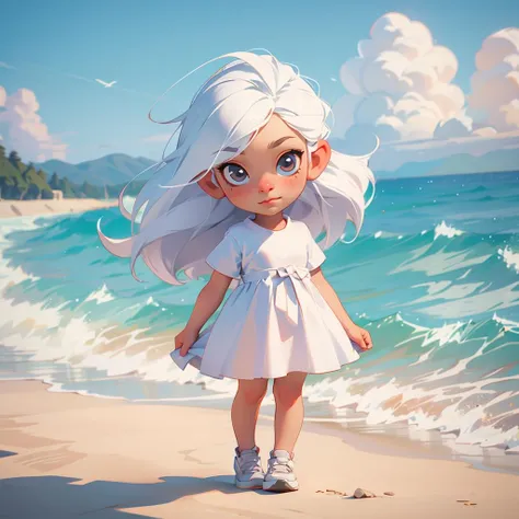 photorealistic,realistic,photography,masterpiece,best quality,ultra-detailed,1girl,full body,white dress,long white hair,by the sea,sneakers,chibi,<lora:å¤§å¤´å¨å¨:0.5>,