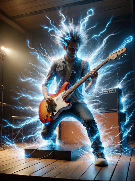 An ais-sparkz musician playing the electric guitar on a wooden stage, with strings that light up with ais-sparkz as they vibrate. <lora:Sparks_Style_SDXL:1>