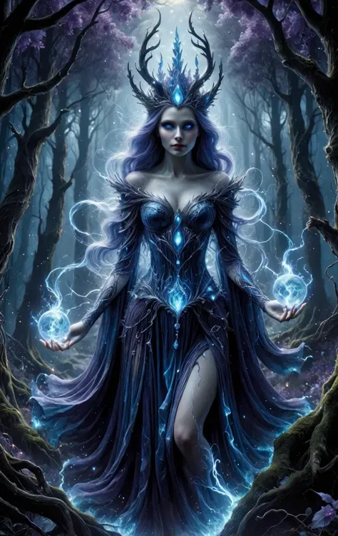 An award-winning DarkFantasy digital art piece, bathed in hues of mystical purple and blue, entitled "Enchantress of the Surreal Forest". A majestic sorceress in a flowing dress weaves her magic, holding glowing colorful magical orbs held in both hands, enchantingly illuminated by ais-sparkz lightning in the heart of an enchanted forest. (Beautiful detailed face, glowing softly:1.3), (beautiful detailed eyes, blue eyes:1.4), plum lipstick, beautiful detailed legs, beautiful detailed skin. The fantasy surrealistic style blends the mystical and the majestic. The spellbinding image has been lauded at the Academy Awards for Visual Effects and BAFTA Awards for Special Effects, featured in Art of the Fantastic, The Magazine of Fantasy & Science Fiction, and ImagineFX, and showcased at the Fantasy Art Gallery, Delusional Art, and Weta Workshop. dark magic, black night, fog <lora:Dark Fantasy:1.2> Dark Fantasy page <lora:Sparks_Style_SDXL:0.7>