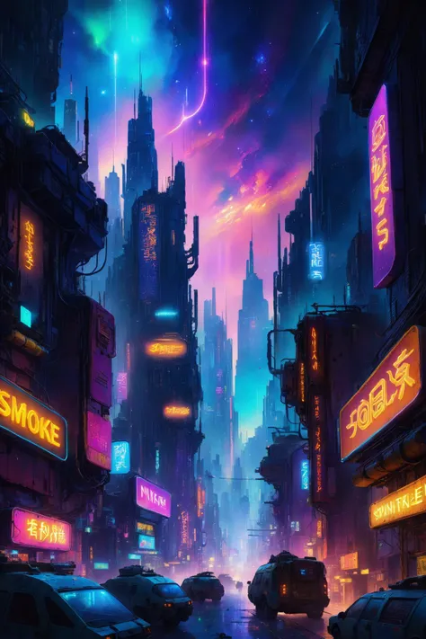skyline of a dense and sprawling city on a junkworld, cyberpunk, night, neon signs, spotlights, hologram,smoke, neon lights, glowing, ethereal light,starry sky, bustling, cosmic hues, vibrant colors, watercolor style, surreal lighting, futuristic motifs, vivid colors, detailed digital art <lora:EnvyJunkworldXL01:0.8> <lora:Dark Fantasy:1> Dark Fantasy page, (masterpiece:1.2), best quality, (hyperdetailed, highest detailed:1.2), high resolution textures, <lora:EnvyBetterHiresFixXL01:1>