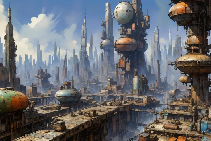 skyline of a sprawling city on a junkworld <lora:EnvyJunkworldXL01:0.8> <lora:add-detail-xl:1> misc <lora:Retro_Illustration:1> 2d game scene, oil and watercolor painting, (masterpiece:1.2), best quality, (hyperdetailed, highest detailed:1.2), high resolution textures, <lora:EnvyBetterHiresFixXL01:1>