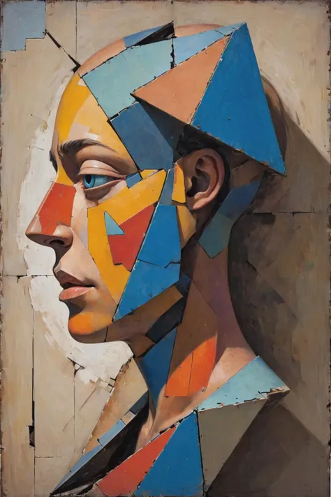 <lora:- SDXL - otclillsn_impossible_geo_V1.0:1>,otclillsn,<lora:EnvyJunkworldXL01:0.9>,
A side view of a figure's head,in an abstract geometric formalist style. In the painting,the face is broken down into a series of block structures of different shapes and colors,including triangles,circles and other irregular shapes. These fragmented forms together form a three-dimensional sense,suggesting the basic features of the character,such as eyes,nose and lips,In addition to the geometric form,the artist also applied a rough texture to the surface,similar to stone walls or worn paint marks,adding to the historical heaviness and vicissitudes of the work. The choice of colors is very bold,mixing many bright warm and cool tones,forming a strong contrast and harmony with each other,leaving a deep impression on the viewer,Postmodernism,Deconstruction and reorganization,Abstract,surrealistic,