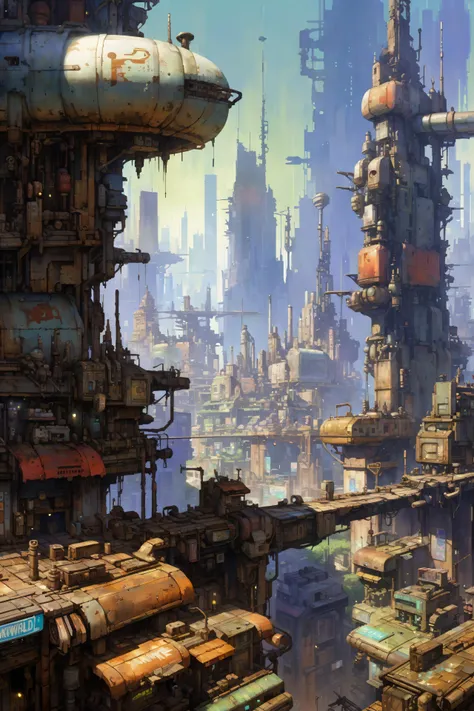 skyline of a sprawling city on a junkworld <lora:EnvyJunkworldXL01:0.8> <lora:add-detail-xl:1> misc <lora:Retro_Illustration:1> 2d game scene, oil and watercolor painting, (masterpiece:1.2), best quality, (hyperdetailed, highest detailed:1.2), high resolution textures, <lora:EnvyBetterHiresFixXL01:1>