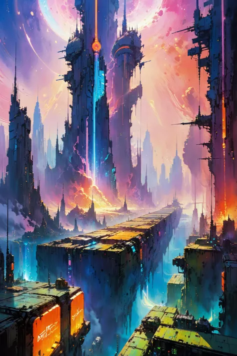 skyline of a dense and sprawling city on a junkworld, cyberpunk, night, neon signs, spotlights, hologram,smoke, neon lights, Neon Peach, Neon Olive, Neon Coral, glowing, ethereal light,starry sky, bustling, cosmic hues, vibrant colors, watercolor style, surreal lighting, futuristic motifs, vivid colors, detailed digital art <lora:Painted World-000006:0.7> painted world, colorful splashes<lora:EnvyJunkworldXL01:0.8> <lora:John Berkey Style:1> John Berkey Style page, (masterpiece:1.2), best quality, (hyperdetailed, highest detailed:1.2), high resolution textures, <lora:EnvyBetterHiresFixXL01:1>