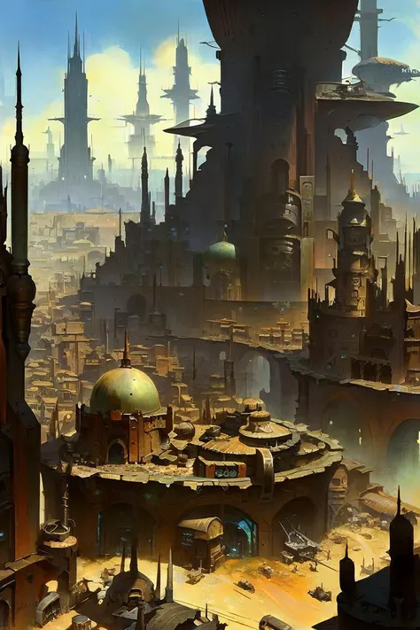 skyline of a sprawling city on a junkworld, high fantasy<lora:EnvyJunkworldXL01:0.8> <lora:add-detail-xl:1> misc, by Frank Frazetta, (masterpiece:1.2), best quality, (hyperdetailed, highest detailed:1.2), high resolution textures, <lora:EnvyBetterHiresFixXL01:1>