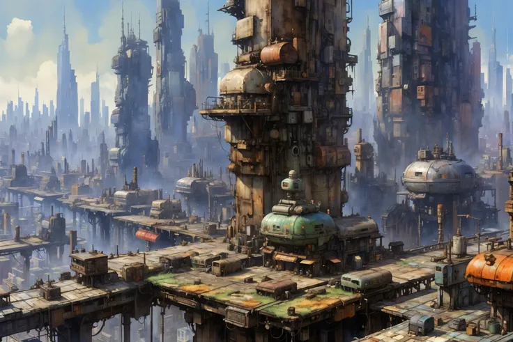 skyline of a sprawling city on a junkworld <lora:EnvyJunkworldXL01:0.8> <lora:add-detail-xl:1> misc <lora:Retro_Illustration:1> 2d game scene, oil and watercolor painting, (masterpiece:1.2), best quality, (hyperdetailed, highest detailed:1.2), high resolution textures, <lora:EnvyBetterHiresFixXL01:1>