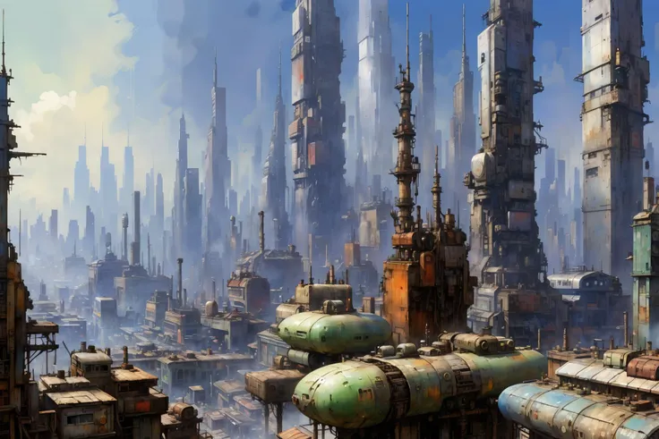 skyline of a sprawling city on a junkworld <lora:EnvyJunkworldXL01:0.8> <lora:add-detail-xl:1> misc <lora:Retro_Illustration:1> 2d game scene, oil and watercolor painting, (masterpiece:1.2), best quality, (hyperdetailed, highest detailed:1.2), high resolution textures, <lora:EnvyBetterHiresFixXL01:1>