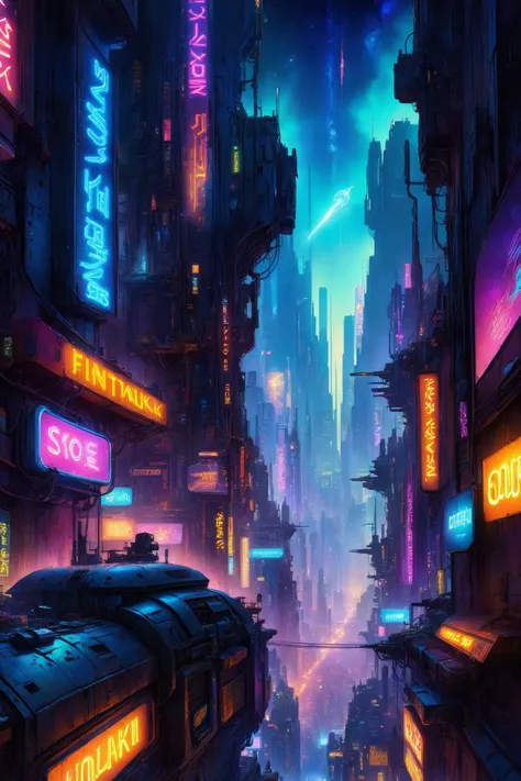 skyline of a dense and sprawling city on a junkworld, cyberpunk, night, neon signs, spotlights, hologram,smoke, neon lights, glowing, ethereal light,starry sky, bustling, cosmic hues, vibrant colors, watercolor style, surreal lighting, futuristic motifs, vivid colors, detailed digital art <lora:EnvyJunkworldXL01:0.8> <lora:Dark Fantasy:1> Dark Fantasy page, (masterpiece:1.2), best quality, (hyperdetailed, highest detailed:1.2), high resolution textures, <lora:EnvyBetterHiresFixXL01:1>