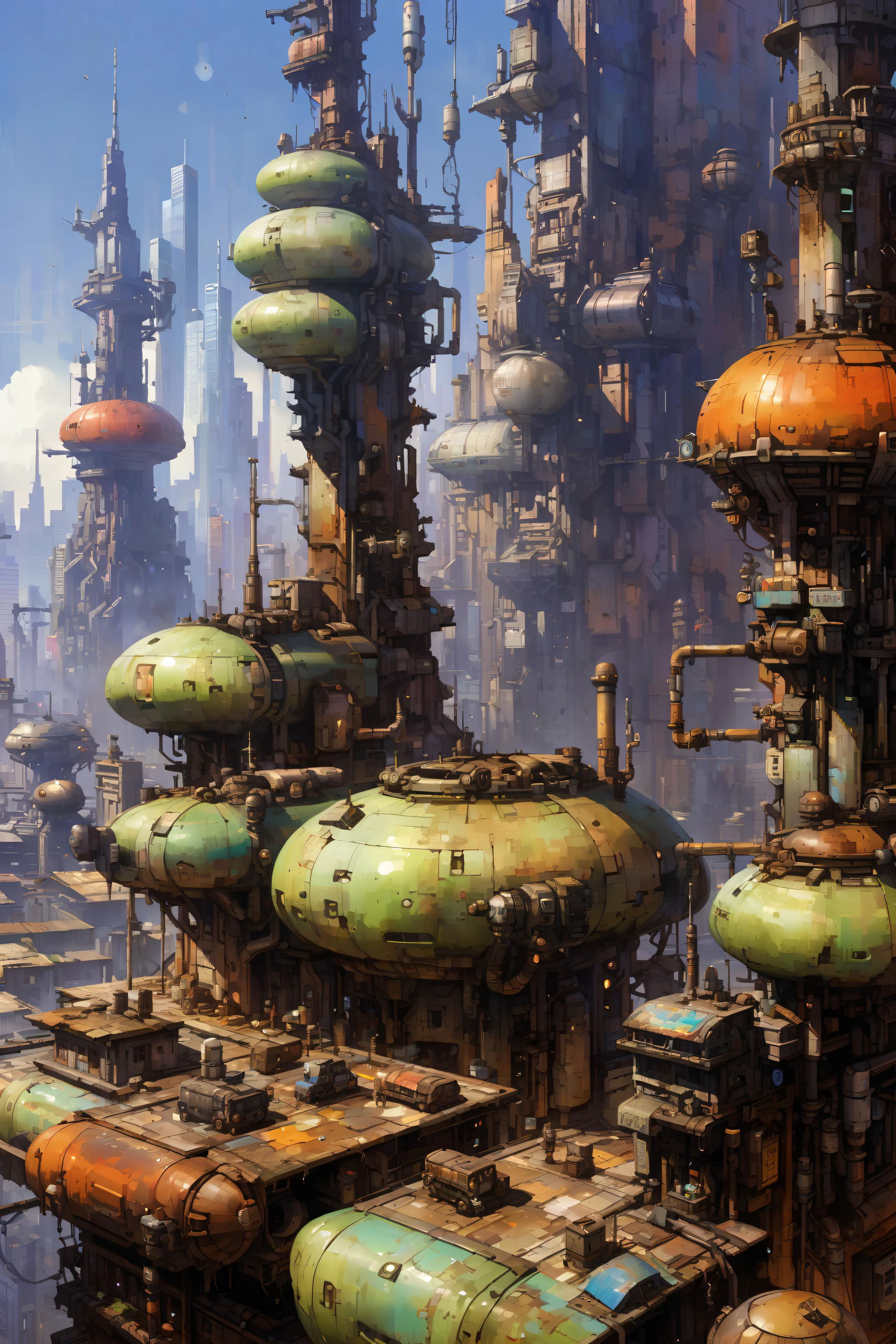 skyline of a sprawling city on a junkworld <lora:EnvyJunkworldXL01:0.8> <lora:add-detail-xl:1> misc <lora:Retro_Illustration:1> 2d game scene, oil and watercolor painting, (masterpiece:1.2), best quality, (hyperdetailed, highest detailed:1.2), high resolution textures, <lora:EnvyBetterHiresFixXL01:1>