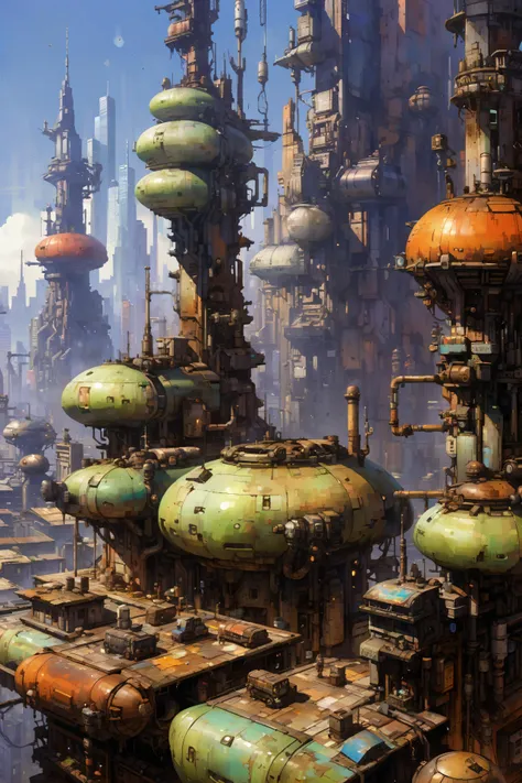 skyline of a sprawling city on a junkworld <lora:EnvyJunkworldXL01:0.8> <lora:add-detail-xl:1> misc <lora:Retro_Illustration:1> 2d game scene, oil and watercolor painting, (masterpiece:1.2), best quality, (hyperdetailed, highest detailed:1.2), high resolution textures, <lora:EnvyBetterHiresFixXL01:1>