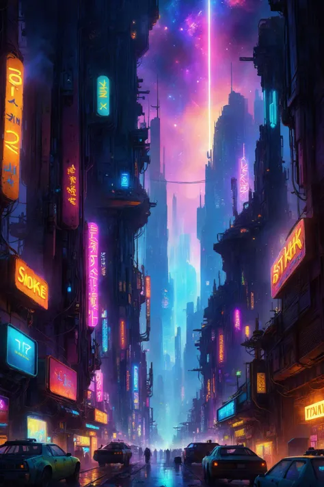 skyline of a dense and sprawling city on a junkworld, cyberpunk, night, neon signs, spotlights, hologram,smoke, neon lights, glowing, ethereal light,starry sky, bustling, cosmic hues, vibrant colors, watercolor style, surreal lighting, futuristic motifs, vivid colors, detailed digital art <lora:EnvyJunkworldXL01:0.8> <lora:Dark Fantasy:1> Dark Fantasy page, (masterpiece:1.2), best quality, (hyperdetailed, highest detailed:1.2), high resolution textures, <lora:EnvyBetterHiresFixXL01:1>