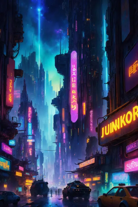 skyline of a dense and sprawling city on a junkworld, cyberpunk, night, neon signs, spotlights, hologram,smoke, neon lights, glowing, ethereal light,starry sky, bustling, cosmic hues, vibrant colors, watercolor style, surreal lighting, futuristic motifs, vivid colors, detailed digital art <lora:EnvyJunkworldXL01:0.8> <lora:Dark Fantasy:1> Dark Fantasy page, (masterpiece:1.2), best quality, (hyperdetailed, highest detailed:1.2), high resolution textures, <lora:EnvyBetterHiresFixXL01:1>