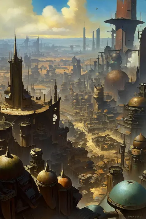 skyline of a sprawling city on a junkworld, high fantasy<lora:EnvyJunkworldXL01:0.8> <lora:add-detail-xl:1> misc, by Frank Frazetta, (masterpiece:1.2), best quality, (hyperdetailed, highest detailed:1.2), high resolution textures, <lora:EnvyBetterHiresFixXL01:1>