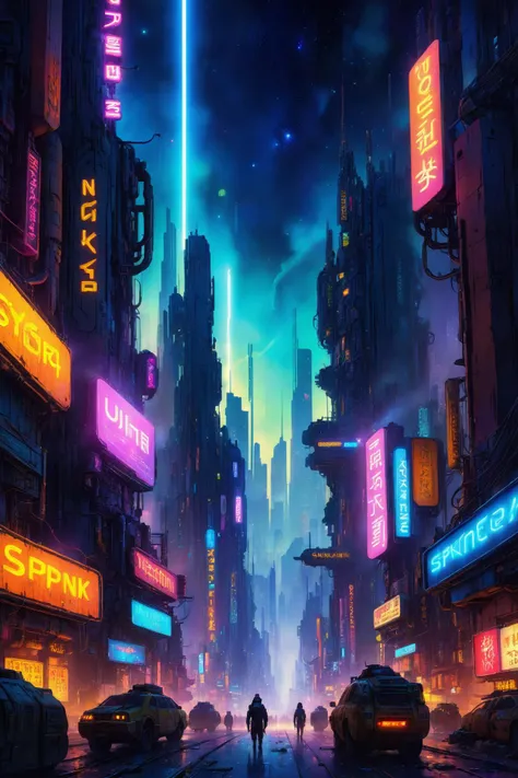 skyline of a dense and sprawling city on a junkworld, cyberpunk, night, neon signs, spotlights, hologram,smoke, neon lights, glowing, ethereal light,starry sky, bustling, cosmic hues, vibrant colors, watercolor style, surreal lighting, futuristic motifs, vivid colors, detailed digital art <lora:EnvyJunkworldXL01:0.8> <lora:Dark Fantasy:1> Dark Fantasy page, (masterpiece:1.2), best quality, (hyperdetailed, highest detailed:1.2), high resolution textures, <lora:EnvyBetterHiresFixXL01:1>