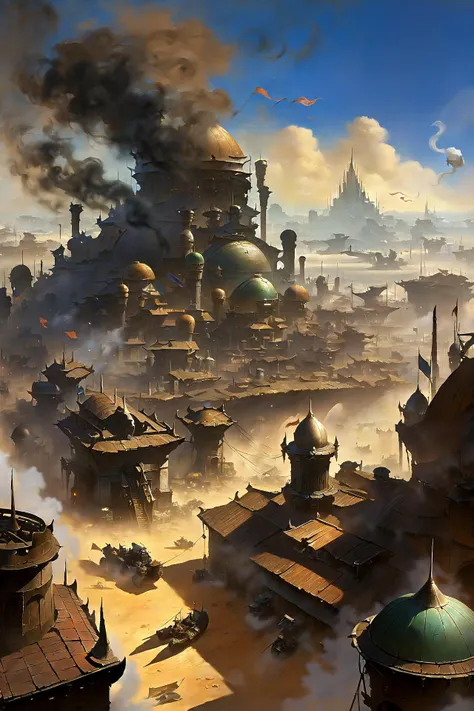 skyline of a sprawling city on a junkworld, high fantasy, smoke, dust, flags in the wind, cinematic lighting <lora:EnvyJunkworldXL01:0.8> <lora:add-detail-xl:1> misc, by Frank Frazetta <lora:DonMW15pXL:0.6> DonMW15pXL, (masterpiece:1.2), best quality, (hyperdetailed, highest detailed:1.2), high resolution textures, <lora:EnvyBetterHiresFixXL01:1>