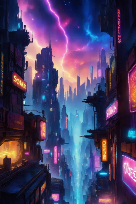 skyline of a dense and sprawling city on a junkworld, cyberpunk, night, neon signs, spotlights, hologram,smoke, neon lights, glowing, ethereal light,starry sky, bustling, cosmic hues, vibrant colors, watercolor style, surreal lighting, futuristic motifs, vivid colors, detailed digital art <lora:EnvyJunkworldXL01:0.8> <lora:Dark Fantasy:1> Dark Fantasy page, (masterpiece:1.2), best quality, (hyperdetailed, highest detailed:1.2), high resolution textures, <lora:EnvyBetterHiresFixXL01:1>