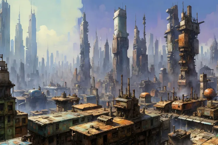 skyline of a sprawling city on a junkworld <lora:EnvyJunkworldXL01:0.8> <lora:add-detail-xl:1> misc <lora:Retro_Illustration:1> 2d game scene, oil and watercolor painting, (masterpiece:1.2), best quality, (hyperdetailed, highest detailed:1.2), high resolution textures, <lora:EnvyBetterHiresFixXL01:1>
