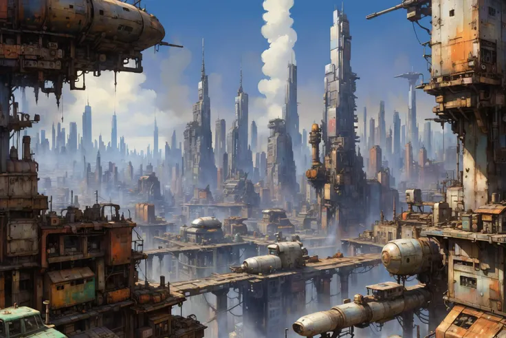 skyline of a sprawling city on a junkworld <lora:EnvyJunkworldXL01:0.8> <lora:add-detail-xl:1> misc <lora:Retro_Illustration:1> 2d game scene, oil and watercolor painting, (masterpiece:1.2), best quality, (hyperdetailed, highest detailed:1.2), high resolution textures, <lora:EnvyBetterHiresFixXL01:1>
