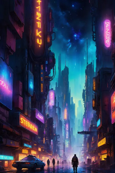 skyline of a dense and sprawling city on a junkworld, cyberpunk, night, neon signs, spotlights, hologram,smoke, neon lights, glowing, ethereal light,starry sky, bustling, cosmic hues, vibrant colors, watercolor style, surreal lighting, futuristic motifs, vivid colors, detailed digital art <lora:EnvyJunkworldXL01:0.8> <lora:Dark Fantasy:1> Dark Fantasy page, (masterpiece:1.2), best quality, (hyperdetailed, highest detailed:1.2), high resolution textures, <lora:EnvyBetterHiresFixXL01:1>