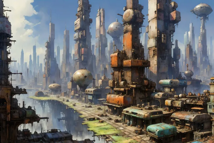 skyline of a sprawling city on a junkworld <lora:EnvyJunkworldXL01:0.8> <lora:add-detail-xl:1> misc <lora:Retro_Illustration:1> 2d game scene, oil and watercolor painting, (masterpiece:1.2), best quality, (hyperdetailed, highest detailed:1.2), high resolution textures, <lora:EnvyBetterHiresFixXL01:1>