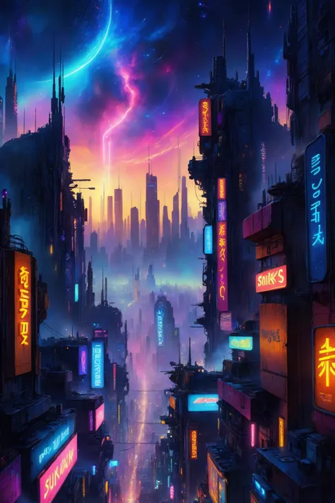 skyline of a dense and sprawling city on a junkworld, cyberpunk, night, neon signs, spotlights, hologram,smoke, neon lights, glowing, ethereal light,starry sky, bustling, cosmic hues, vibrant colors, watercolor style, surreal lighting, futuristic motifs, vivid colors, detailed digital art <lora:EnvyJunkworldXL01:0.8> <lora:Dark Fantasy:1> Dark Fantasy page, (masterpiece:1.2), best quality, (hyperdetailed, highest detailed:1.2), high resolution textures, <lora:EnvyBetterHiresFixXL01:1>