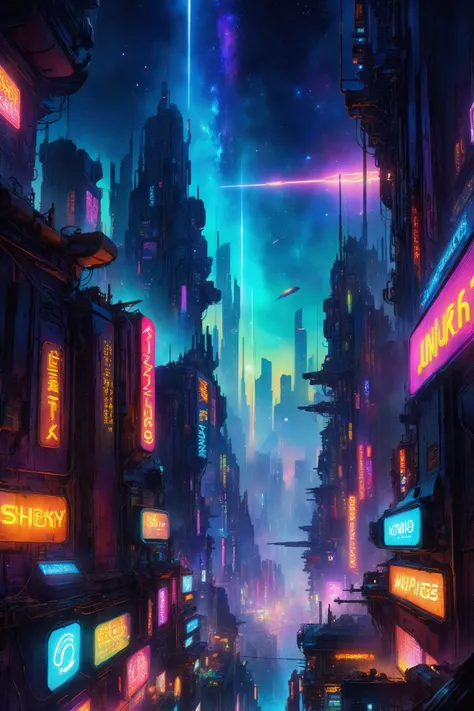 skyline of a dense and sprawling city on a junkworld, cyberpunk, night, neon signs, spotlights, hologram,smoke, neon lights, glowing, ethereal light,starry sky, bustling, cosmic hues, vibrant colors, watercolor style, surreal lighting, futuristic motifs, vivid colors, detailed digital art <lora:EnvyJunkworldXL01:0.8> <lora:Dark Fantasy:1> Dark Fantasy page, (masterpiece:1.2), best quality, (hyperdetailed, highest detailed:1.2), high resolution textures, <lora:EnvyBetterHiresFixXL01:1>