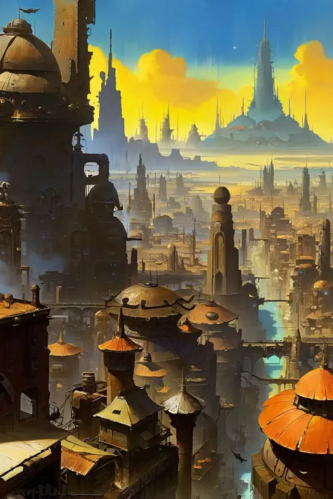 skyline of a sprawling city on a junkworld, high fantasy<lora:EnvyJunkworldXL01:0.8> <lora:add-detail-xl:1> misc, by Frank Frazetta, (masterpiece:1.2), best quality, (hyperdetailed, highest detailed:1.2), high resolution textures, <lora:EnvyBetterHiresFixXL01:1>