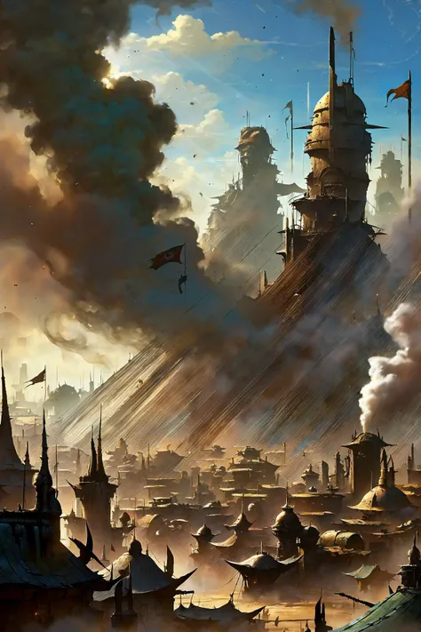 skyline of a sprawling city on a junkworld, high fantasy, smoke, dust, flags in the wind, cinematic lighting <lora:EnvyJunkworldXL01:0.8> <lora:add-detail-xl:1> misc, by Frank Frazetta <lora:DonMW15pXL:0.6> DonMW15pXL, (masterpiece:1.2), best quality, (hyperdetailed, highest detailed:1.2), high resolution textures, <lora:EnvyBetterHiresFixXL01:1>