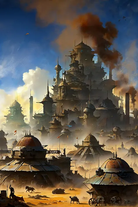 skyline of a sprawling city on a junkworld, high fantasy, smoke, dust, flags in the wind, cinematic lighting <lora:EnvyJunkworldXL01:0.8> <lora:add-detail-xl:1> misc, by Frank Frazetta <lora:DonMW15pXL:0.6> DonMW15pXL, (masterpiece:1.2), best quality, (hyperdetailed, highest detailed:1.2), high resolution textures, <lora:EnvyBetterHiresFixXL01:1>