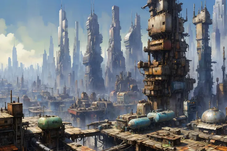 skyline of a sprawling city on a junkworld <lora:EnvyJunkworldXL01:0.8> <lora:add-detail-xl:1> misc <lora:Retro_Illustration:1> 2d game scene, oil and watercolor painting, (masterpiece:1.2), best quality, (hyperdetailed, highest detailed:1.2), high resolution textures, <lora:EnvyBetterHiresFixXL01:1>