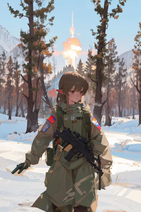 1girl, masterpiece, elf, cowboy shot,  abbystea,  <lora:abbystea:1>,  <lora:militarytyan:1>, militaryru,  forest, brown hair, russian flag, explosion, running, fire,