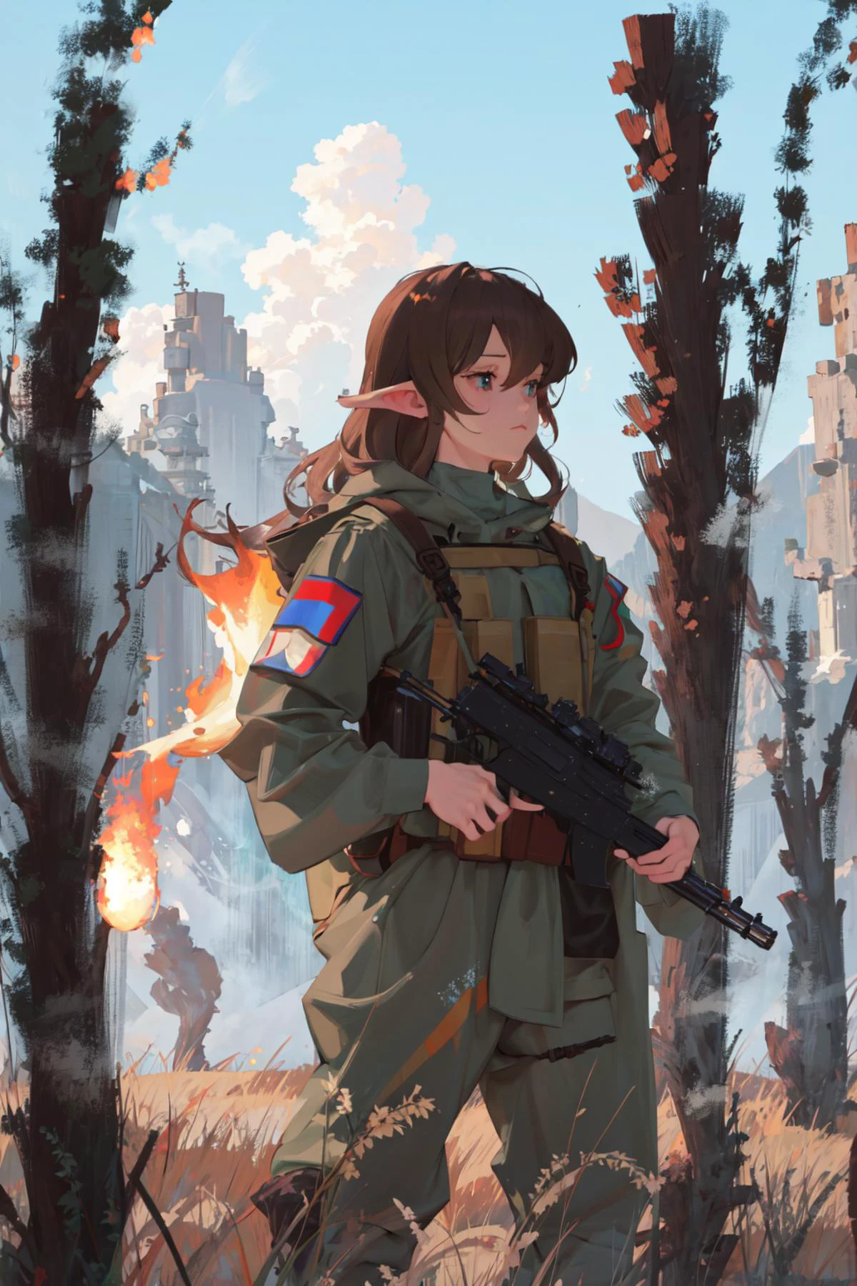 1girl, masterpiece, elf, cowboy shot, abbystea, <lora:abbystea:1>, <lora:militarytyan:1>, militaryru, forest, brown hair, russian flag, explosion, running, fire,