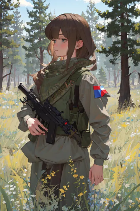 1girl, masterpiece, elf, cowboy shot, abbystea, <lora:abbystea:1>, <lora:militarytyan:1>, militaryru, forest, brown hair, russian flag, explosion,
