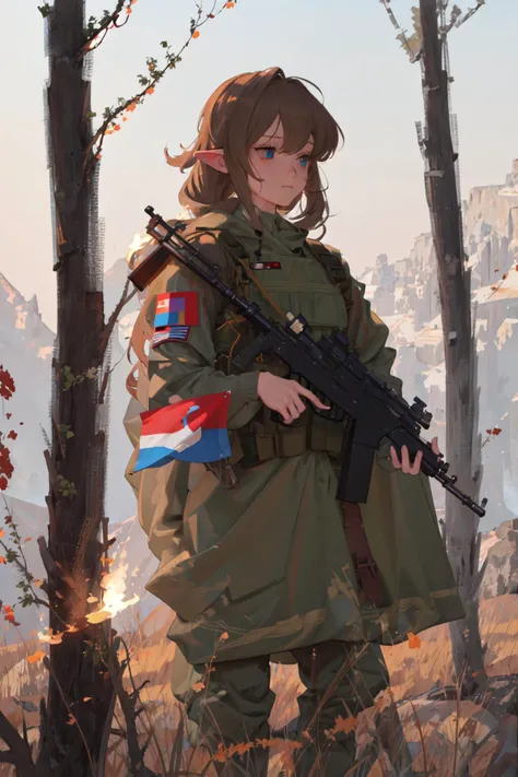 1girl, masterpiece, elf, cowboy shot, abbystea, <lora:abbystea:1>, <lora:militarytyan:1>, militaryru, forest, brown hair, russian flag, explosion, fire, firing, blood on face, blood,