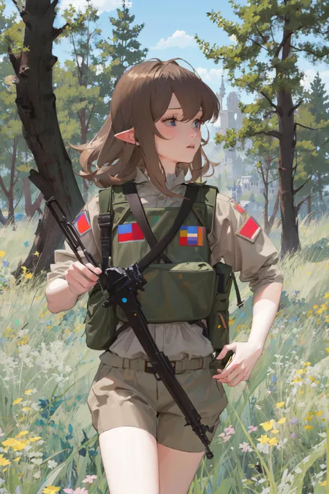 1girl, masterpiece, elf, cowboy shot, abbystea, <lora:abbystea:1>, <lora:militarytyan:1>, militaryru, forest, brown hair, russian flag, explosion, running,