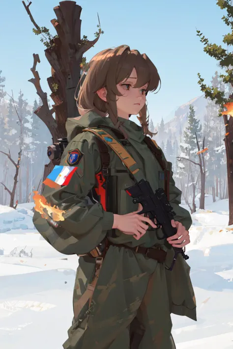 1girl, masterpiece, elf, cowboy shot, abbystea, <lora:abbystea:1>, <lora:militarytyan:1>, militaryru, forest, brown hair, russian flag, explosion, fire, firing, blood on face,