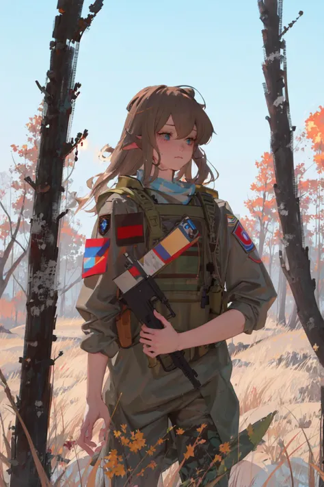 1girl, masterpiece, elf, cowboy shot, abbystea, <lora:abbystea:1>, <lora:militarytyan:1>, militaryru, forest, brown hair, russian flag, explosion, fire, firing, blood on face, blood, white bandage on arm,