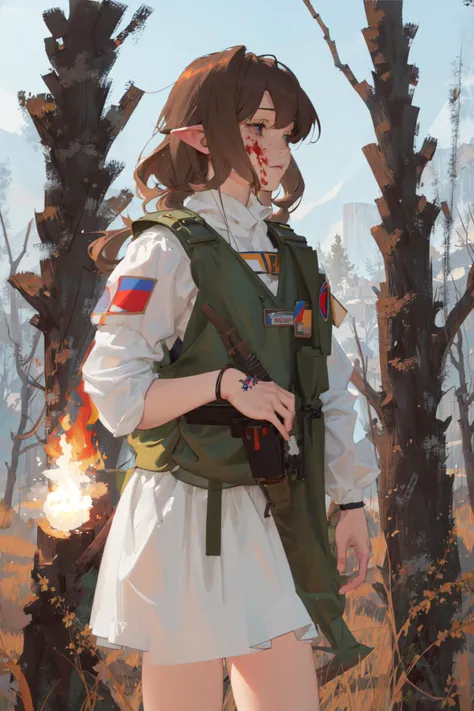 1girl, masterpiece, elf, cowboy shot,  abbystea,  <lora:abbystea:1>,  <lora:militarytyan:1>, militaryru,  forest, brown hair, russian flag, explosion, fire, firing, blood on face, blood, white bandage on arm,