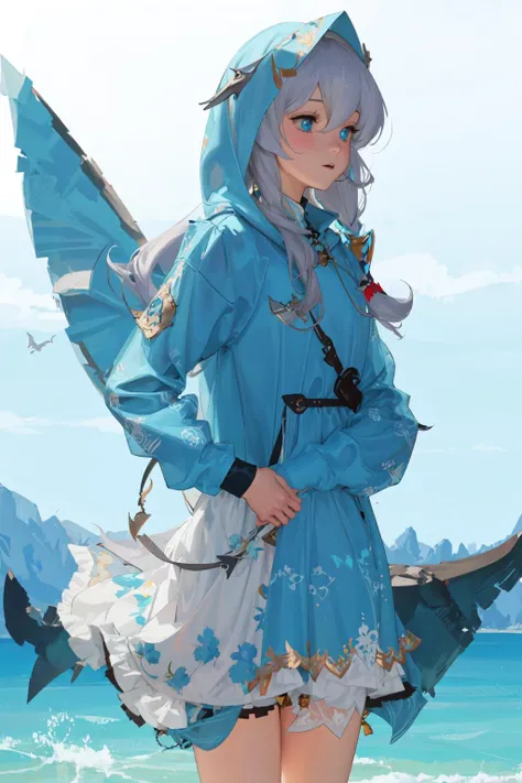 1girl, masterpiece, elf, cowboy shot,  abbystea,  <lora:abbystea:1>, gawr gura, blue hoodie, shark hood