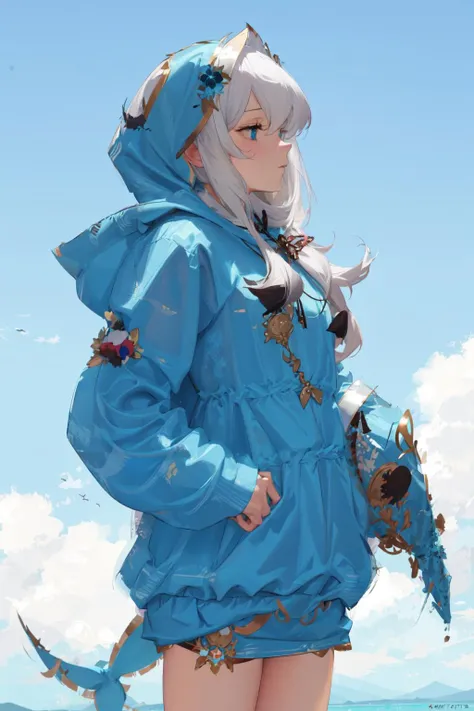 1girl, masterpiece, elf, cowboy shot, abbystea, <lora:abbystea:1>, gawr gura, blue hoodie, shark hood