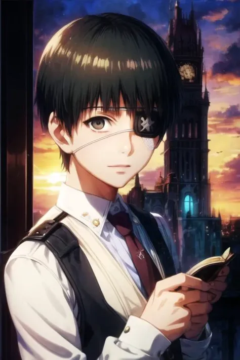 masterpiece, best quality, illustration, 1boy, solo, male focus, looking at viewer, , , <lora:ken_kaneki:0.74>, ken_kaneki, black hair, black eyes, eyepatch, , The Tower of Shadows, 32k resolution