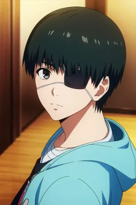 masterpiece, best quality, illustration, 1boy, solo, male focus, looking at viewer, , depth of field, <lora:ken_kaneki:0.72>, ken_kaneki, eyepatch, black hair, black eyes