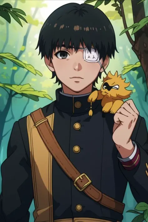 masterpiece, best quality, wallpaper, 1boy, solo, male focus, looking at viewer, upper body, , <lora:ken_kaneki:0.68>, ken_kaneki, eyepatch, black hair, black eyes, firefighter costume, An enchanted forest where magical creatures and plants abound, 12k resolution