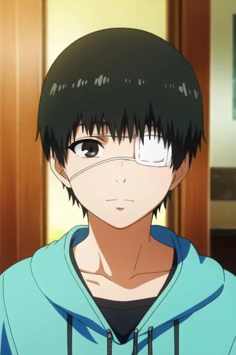 masterpiece, best quality, illustration, 1boy, solo, male focus, looking at viewer, upper body, depth of field, <lora:ken_kaneki:0.70>, ken_kaneki, eyepatch, black hair, black eyes