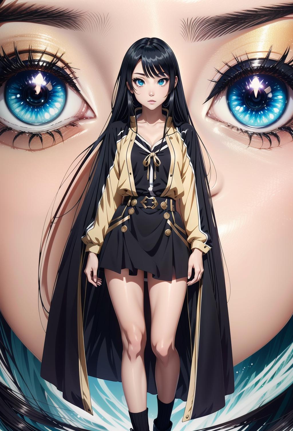 A woman with long black hair and blue eyes standing in front of a large ...