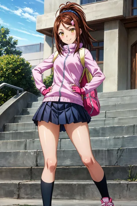 <lora:more_details:0.5>, <lora:sBachou_Mouki-V1:0.7>, wzbachou_mouki, medium hair, brown hair,low ponytail, hair scrunchie,hair clip, yellow eyes, pink jacket, backpack, miniskirt, pleated, short skirt, skirt, blue skirt, pink gloves, fingerless gloves, black socks, shoes, pink shoes, sneakers, standing, looking at viewer, smile, hand on hip, school, 1girl, (masterpiece:1.3), high quality, highres, absurdres, solo