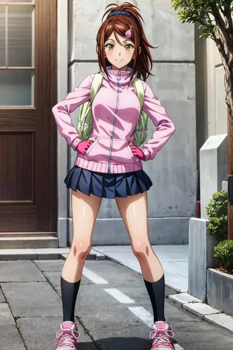 <lora:more_details:0.5>, <lora:sBachou_Mouki-V1:0.7>, wzbachou_mouki, medium hair, brown hair,low ponytail, hair scrunchie,hair clip, yellow eyes, pink jacket, backpack, miniskirt, pleated, short skirt, skirt, blue skirt, pink gloves, fingerless gloves, black socks, shoes, pink shoes, sneakers, standing, looking at viewer, smile, hand on hip, school, 1girl, (masterpiece:1.3), high quality, highres, absurdres, solo