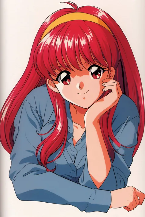 Fujisaki Shiori,1girl,solo,long hair,yellow hairband,red eyes,retro artstyle,red hair,1990s (style),white background,simple background,long sleeves,upper body,head rest,smile,hand on own face,looking at viewer,<lora:Tokimeki Memorial_XL:0.8>,