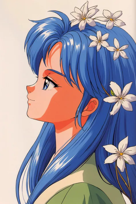Yuina Himoo,1girl,solo,flower,retro artstyle,profile,long hair,blue hair,1990s (style),white flower,simple background,hair flower,white background,hair ornament,blue eyes,petals,upper body,bangs,portrait,<lora:Tokimeki Memorial_XL:0.8>,