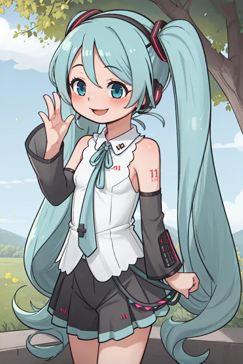mikunt, 1girl, solo, smile, blush, posing, cute, outdoors,  <lora:hatsunemiku1:0.8>